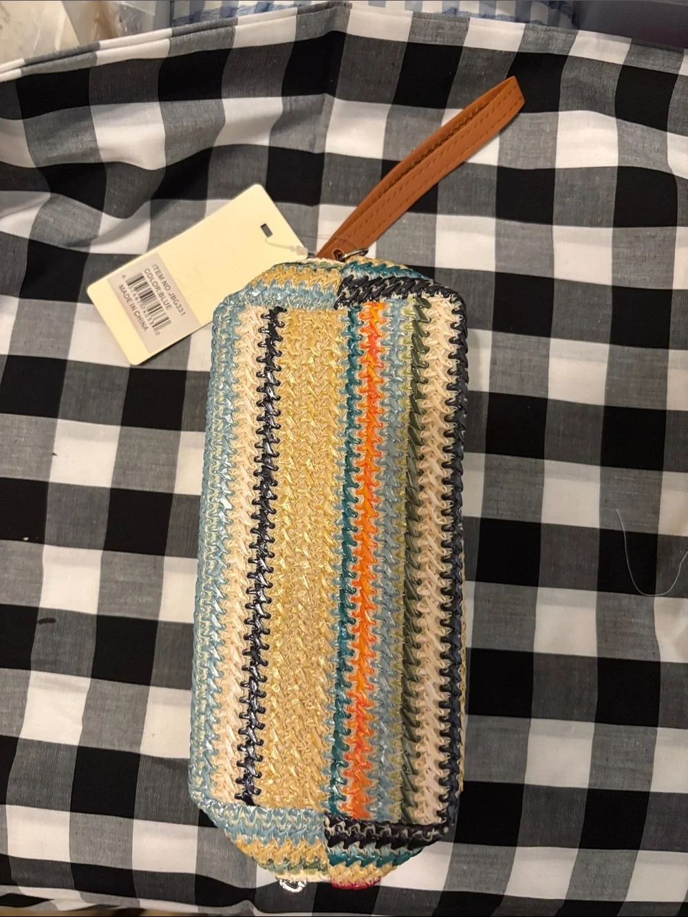 Woven Straw Cosmetic Bag with Daisy Accent - Natural Multi
